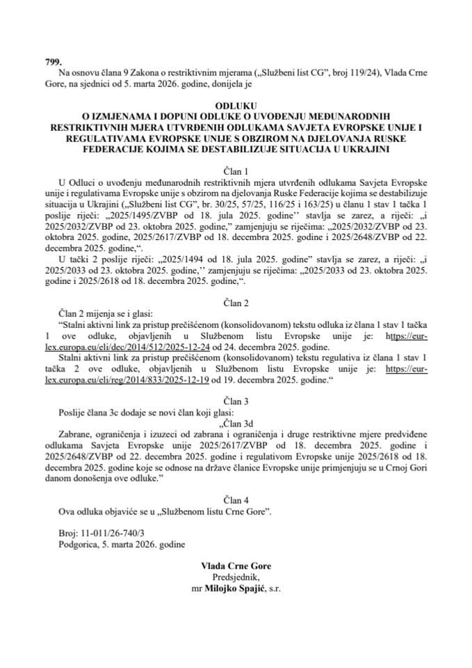 Odluka o uvođenju restriktivnih mjera EU – djelovanja RF kojima se destabilizuje situacija u Ukrajini – prevod odluke i regulative