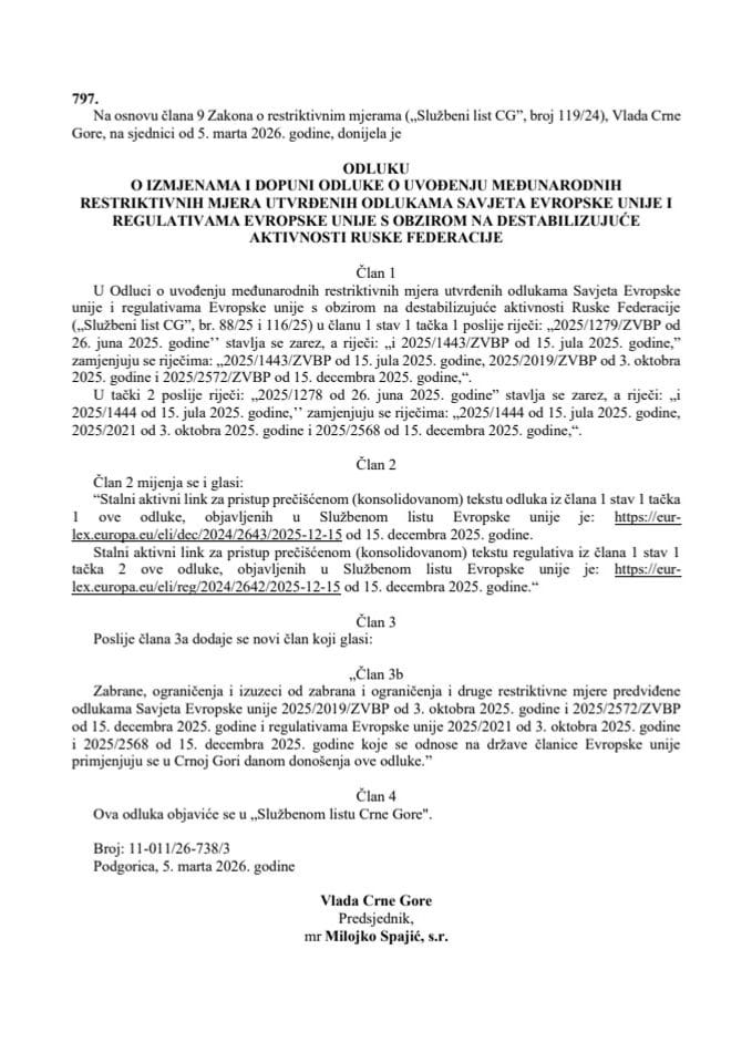 Odluka o uvođenju restriktivnih mjera EU – s obzirom na destabilizujuće aktivnosti RF – prevod odluke i regulative