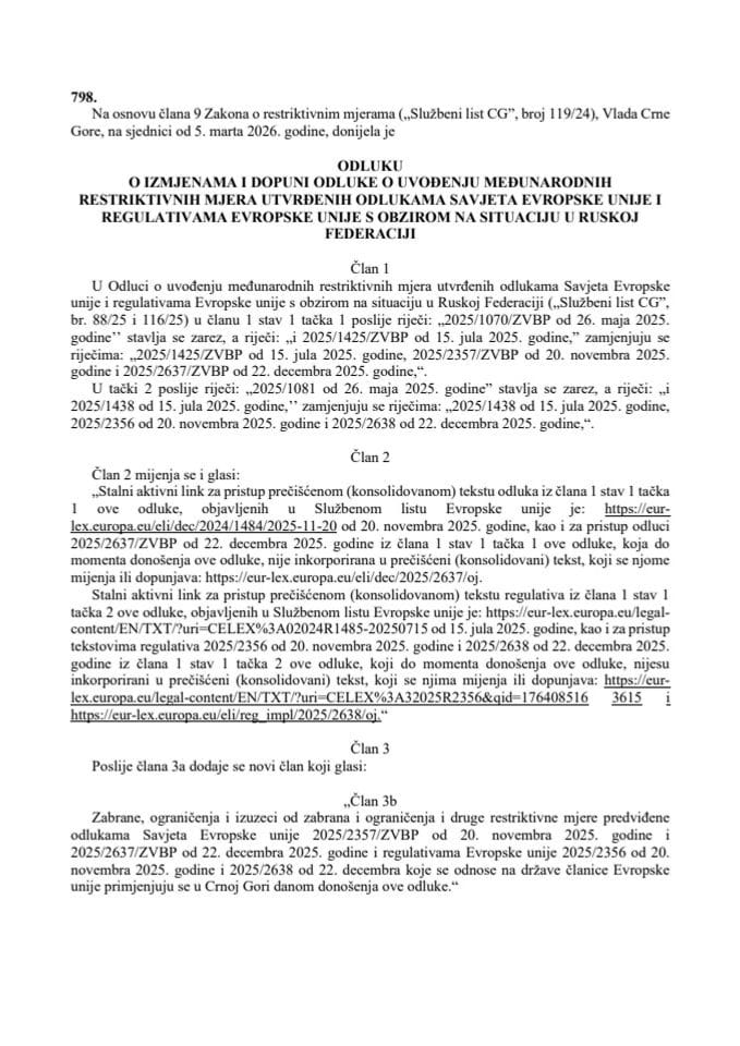 Odluka o uvođenju restriktivnih mjera EU – s obzirom na situaciju u RF – prevod odluke i regulative