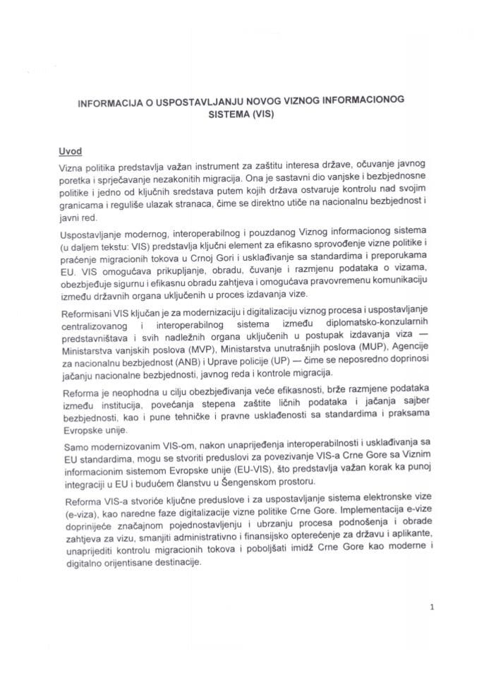 Informacija o uspostavljanju novog Viznog informacionog sistema (VIS)
