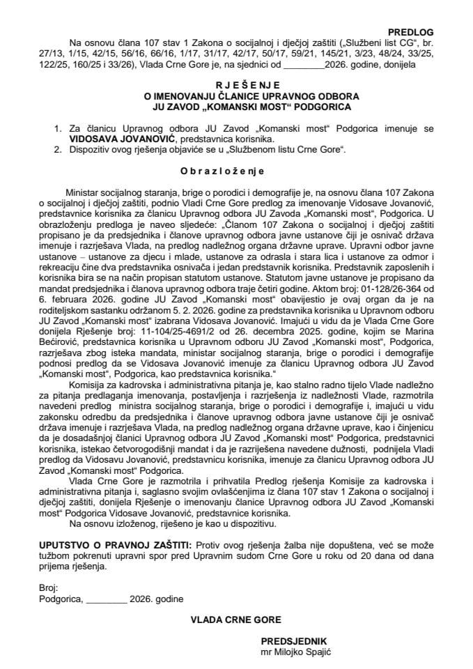 Predlog za imenovanje članice Upravnog odbora JU Zavod “Komanski most“ Podgorica
