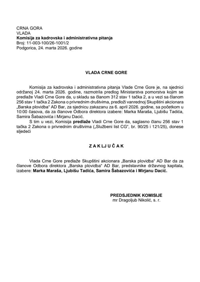 Predlog za izbor članova Odbora direktora „Barska plovidba“ AD Bar