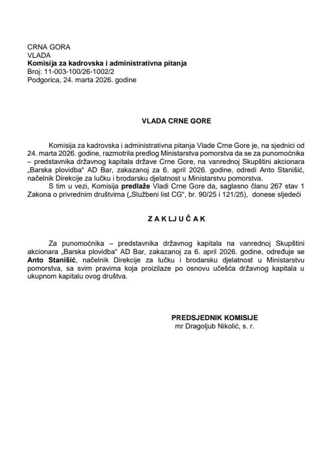 Predlog za određivanje punomoćnika-predstavnika državnog kapitala na vanrednoj Skupštini akcionara „Barska plovidba“ AD Bar