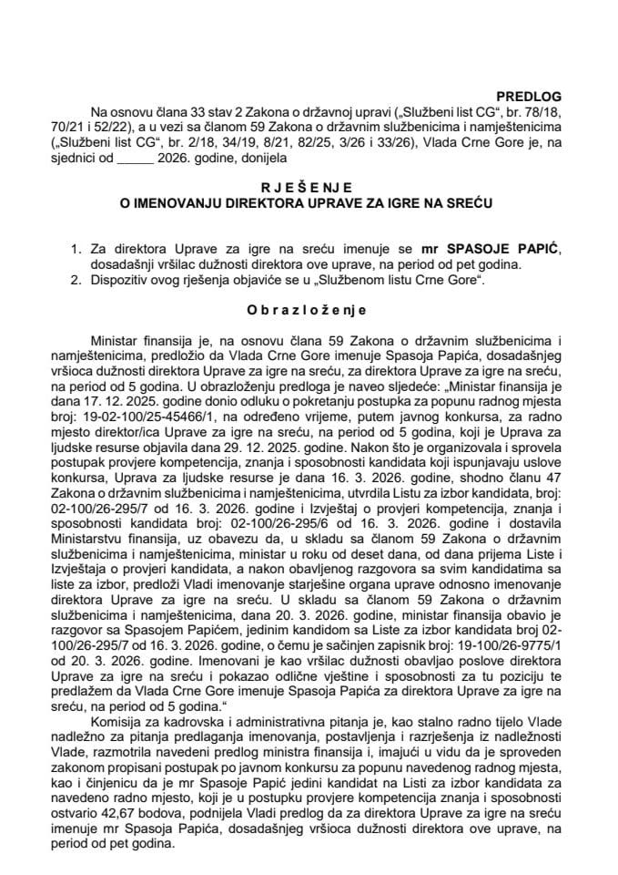 Predlog za imenovanje direktora Uprave za igre na sreću