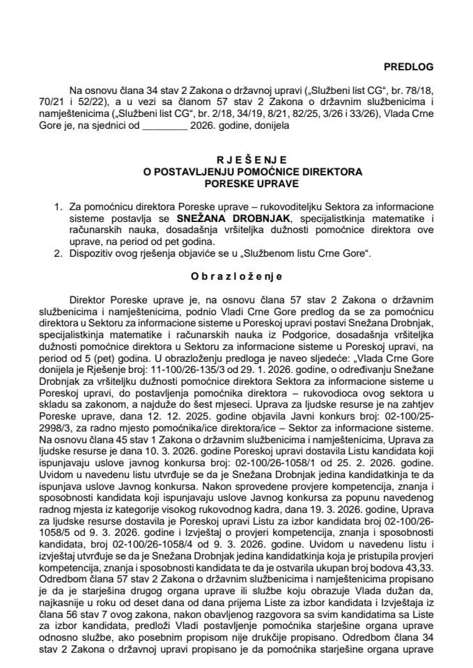 Predlog za postavljenje pomoćnice direktora Poreske uprave