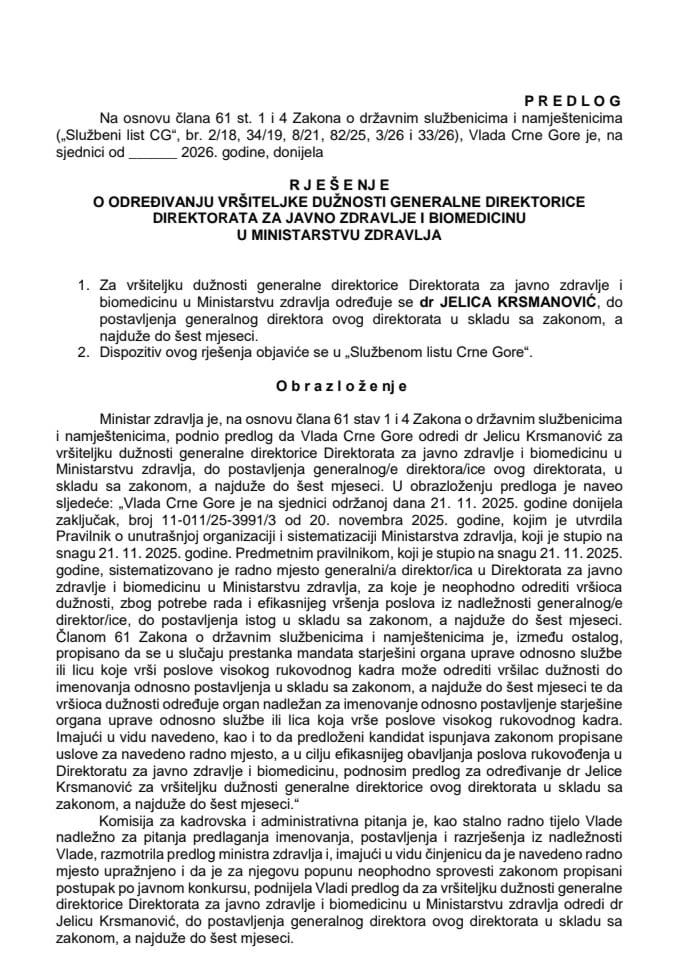Predlog za određivanje vršiteljke dužnosti generalne direktorice Direktorata za javno zdravlje i biomedicinu u Ministarstvu zdravlja