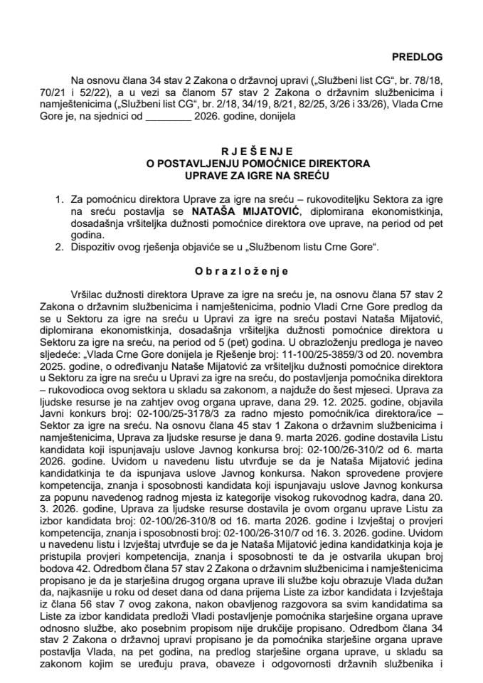 Predlog za postavljenje pomoćnice direktora Uprave za igre na sreću
