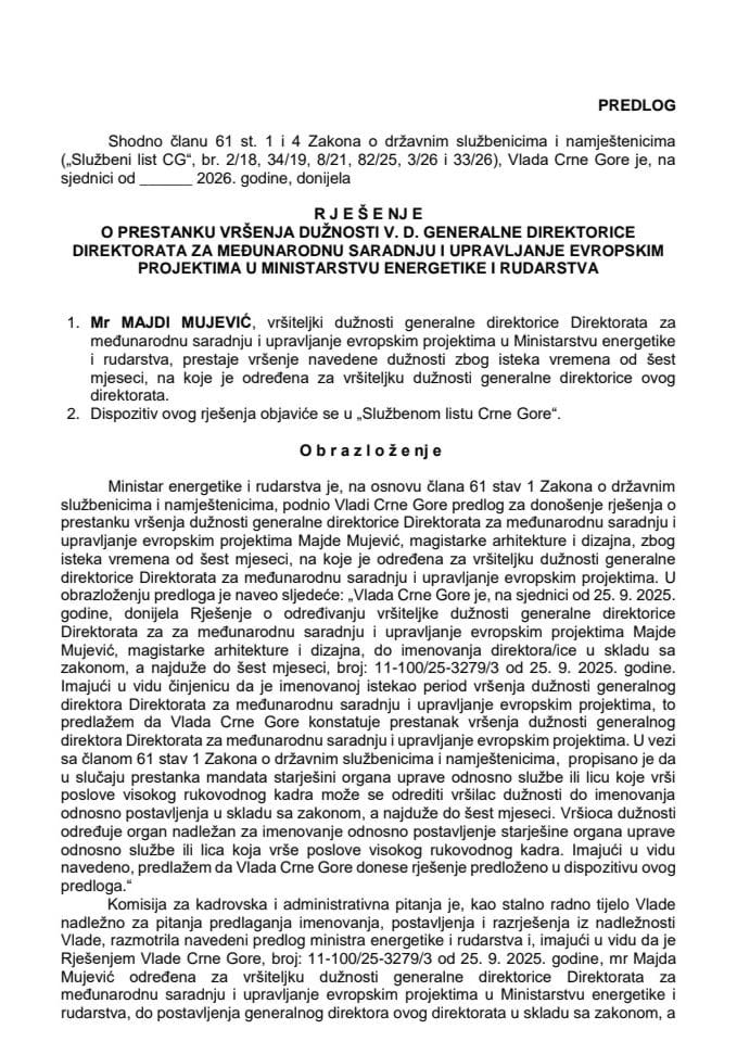 Predlog za prestanak vršenja dužnosti v. d. generalne direktorice Direktorata za međunarodnu saradnju i upravljanje evropskim projektima u Ministarstvu energetike i rudarstva