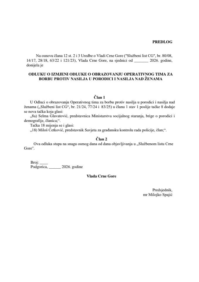 Predlog odluke o izmjeni Odluke o obrazovanju Operativnog tima za borbu protiv nasilja u porodici i nasilja nad ženama