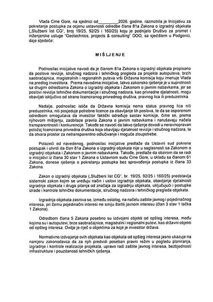 Predlog mišljenja na Inicijativu za pokretanje postupka za ocjenu ustavnosti odredbe člana 81a Zakona o izgradnji objekata („Službeni list CG“, br. 19/25, 92/25 i 160/25)