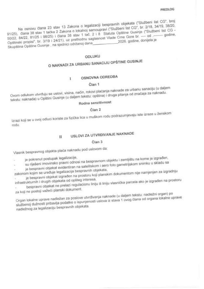 Predlog odluke o naknadi za urbanu sanaciju opštine Gusinje