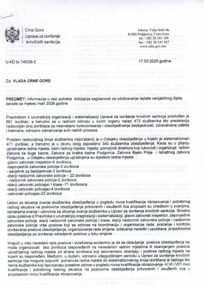 Informacija u vezi davanja saglasnosti za odobrenje isplate varijabilnog dijela zarade za mjesec mart 2026. godine Upravi za izvršenje krivičnih sankcija
