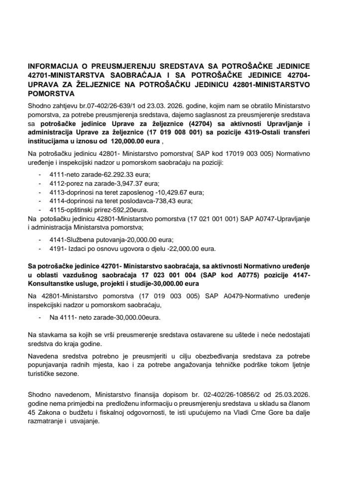 Informacija o preusmjerenju sredstava