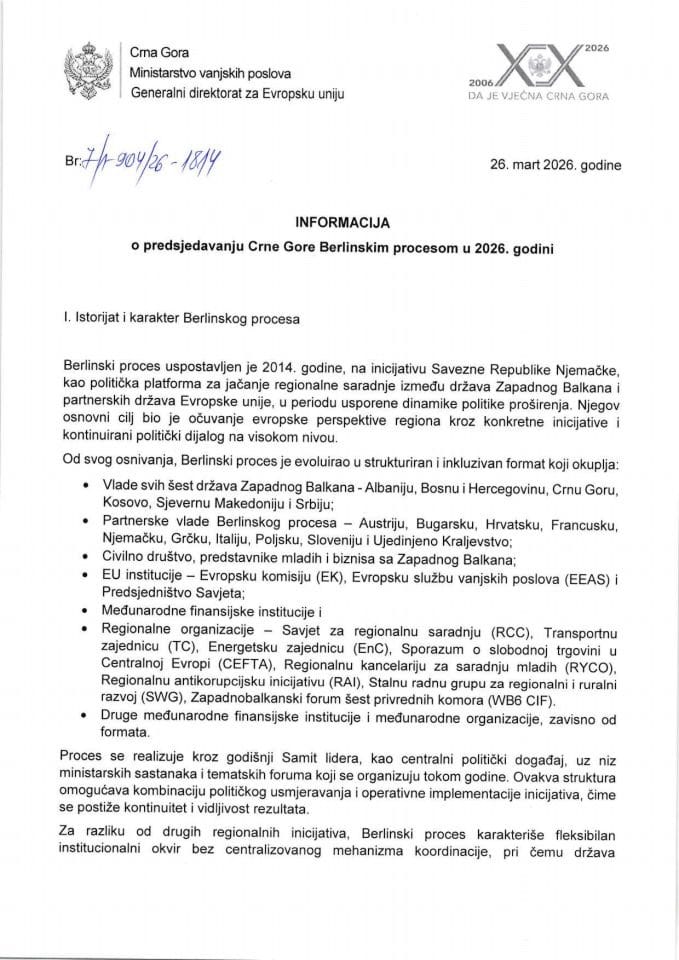 Informacija o predsjedavanju Crne Gore Berlinskim procesom u 2026. godini