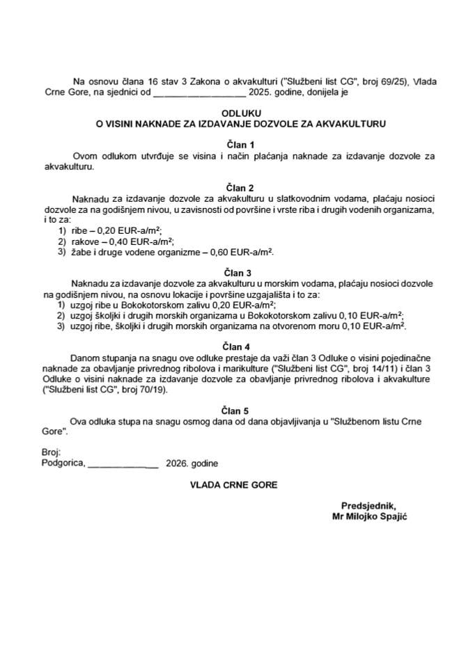 Predlog odluke o visini naknade za izdavanje dozvole za akvakulturu