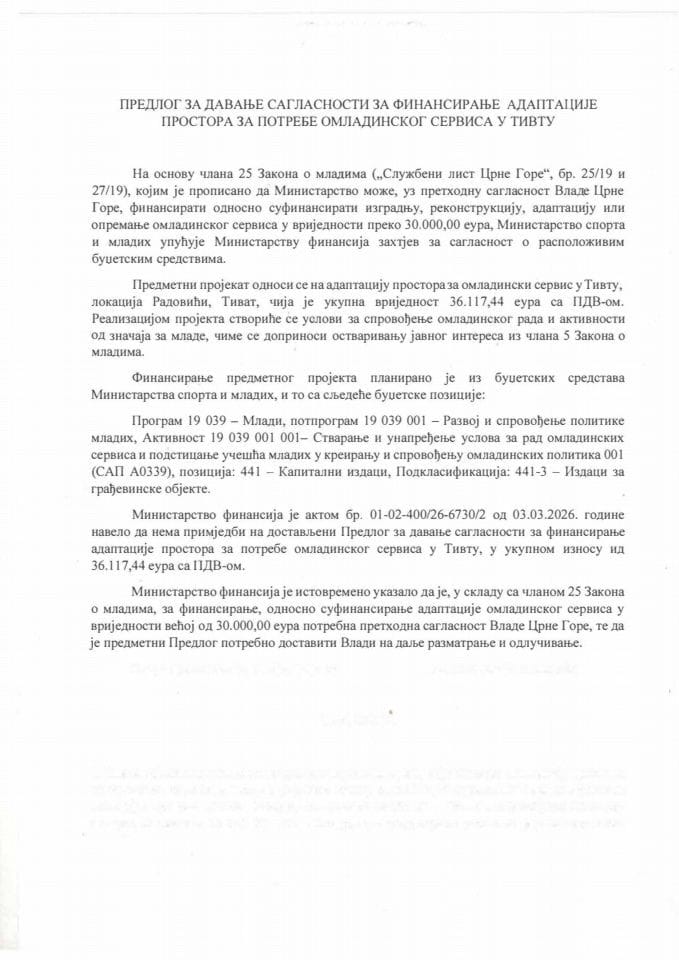 Predlog za davanje saglasnosti za finansiranje adaptacije prostora za potrebe omladinskog servisa u Tivtu