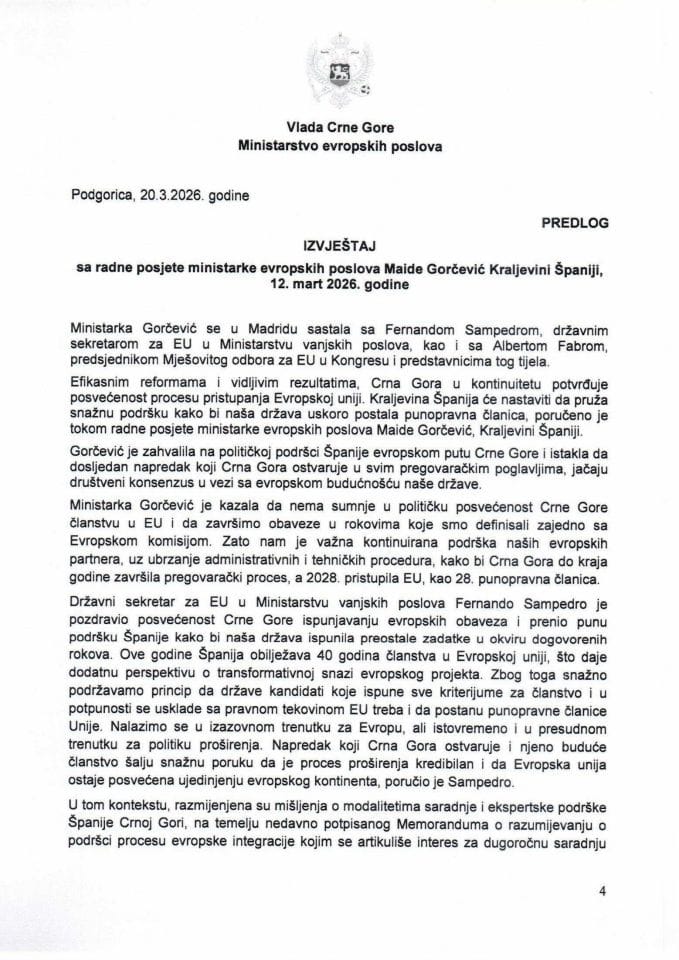 Izvještaj sa radne posjete ministarke evropskih poslova Maide Gorčević Kraljevini Španiji, 12. mart 2026. godine