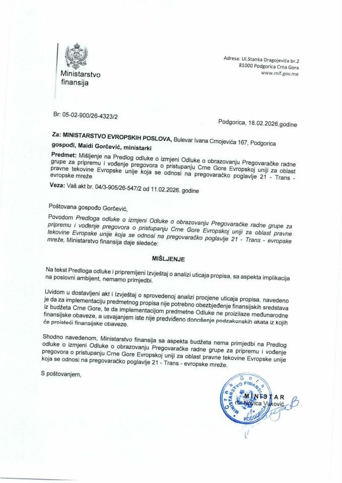 Mišljenje na Predlog odluke o izmjeni Odluke o obrazovanju Pregovaračke radne grupe za pripremu i vođenje pregovora o pristupanju CG EU - pregovaračko poglavlje 21 Trans - evropske mreže