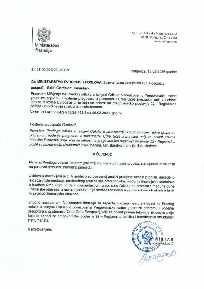 Mišljenje na Predlog odluke o izmjeni Odluke o obrazovanju Pregovaračke radne grupe za pripremu i vođenje pregovora o pristupanju CG EU - pregovaračko poglavlje 22 - Regionalna politika