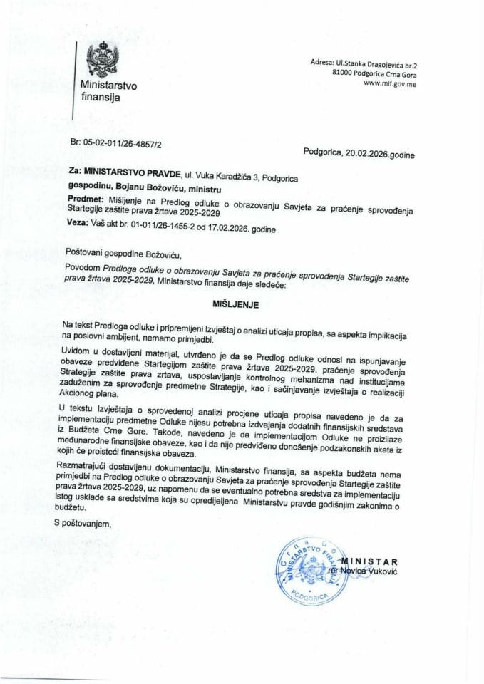 Mišljenje na Predlog odluke o obrazovanju Savjeta za praćenje sprovođenja Strategije zaštite prava žrtava 2025-2029