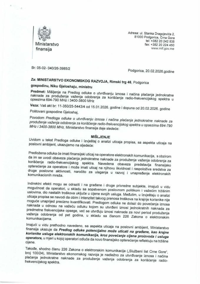 Mišljenje na Predlog odluke o utvrđivanju iznosa i načina plaćanja jednokratne naknade za produženje važenja odobrenja za korišćenje radio-frekvencijskog spektra