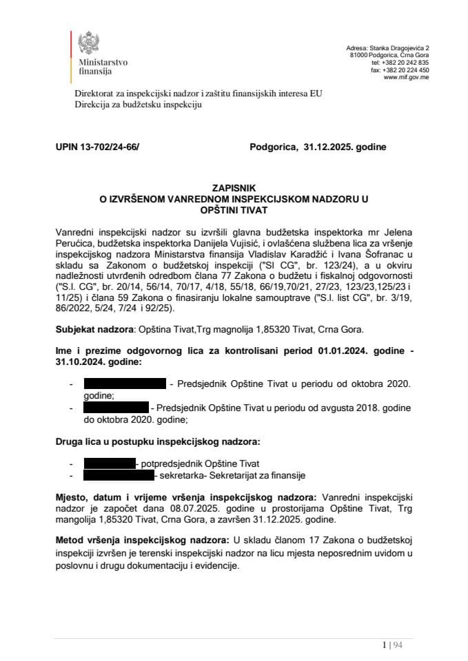Zapisnik o izvršenom vanrednom inspekcijskom nadzoru u Opštini Tivat
