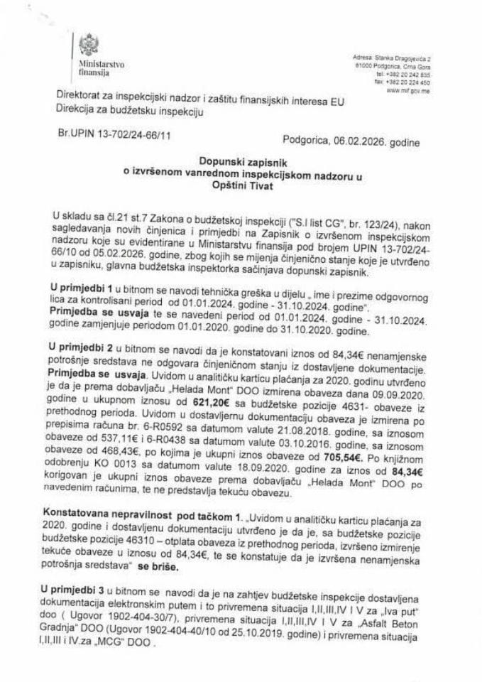 Dopunski zapisnik o izvršenom vanrednom inspekcijskom nadzoru u Opštini Tivat