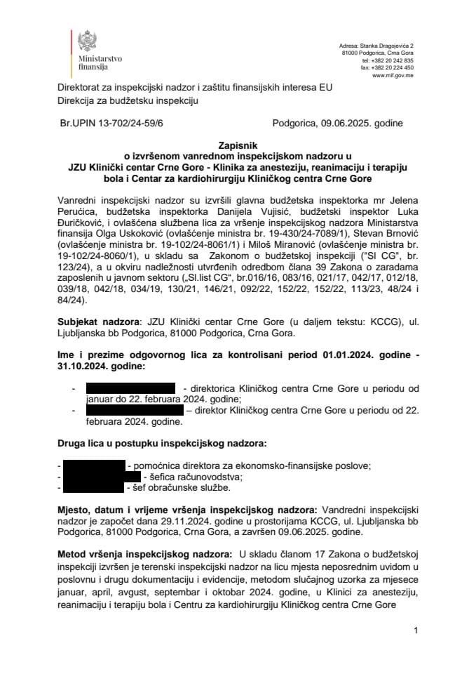 Zapisnik o izvršenom vanrednom inspekcijskom nadzoru u JZU Klinički centar Crne Gore
