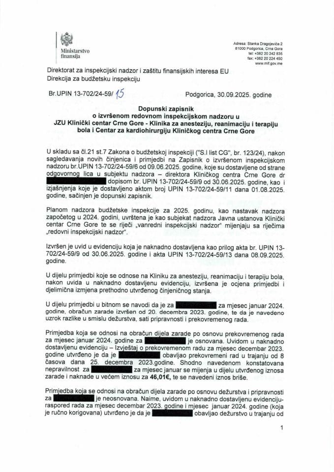 Dopunski zapisnik o izvršenom redovnom inspekcijskom nadzoru u JZU Klinički centar Crne Gore