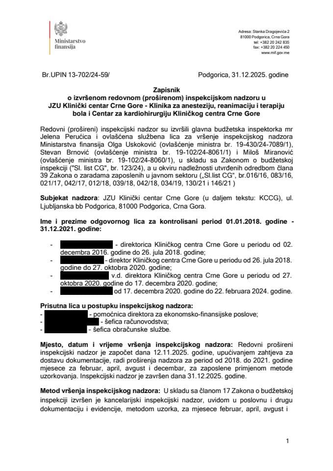 Zapisnik o izvršenom redovnom (proširenom) inspekcijskom nadzoru u JZU Klinički centar Crne Gore
