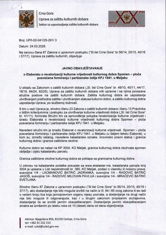 Javno obavještenje o Elaboratu Spomen-ploča posvećena formiranju I partizanske ćelije KPJ 1941. u Meljaku
