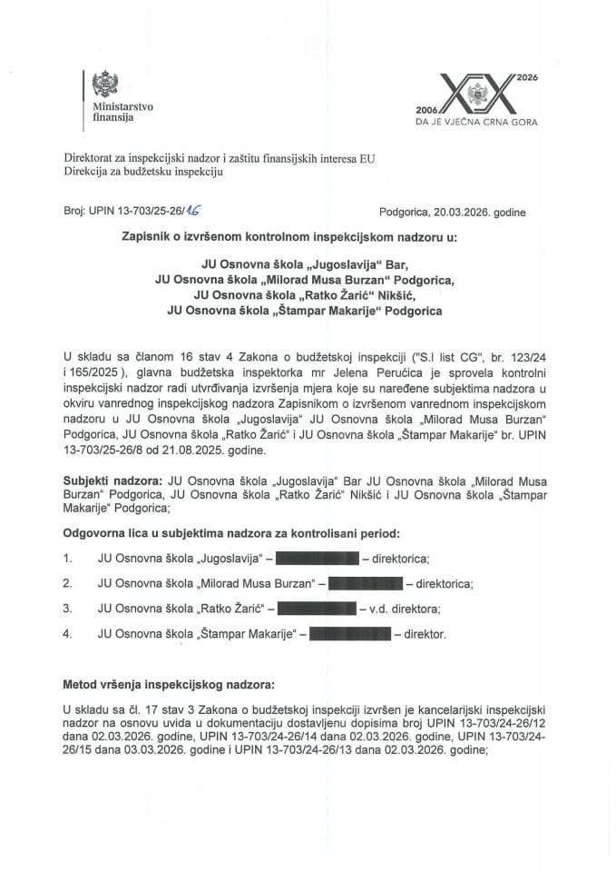 Zapisnik o izvršenom kontrolnom inspekcijskom nadzoru u: JU OŠ Jugoslavija Bar, JU OŠ Milorad Musa Burzan Podgorica, JU OŠ Ratko Žarić Nikšić, JU OŠ Štampar Makarije Podgorica