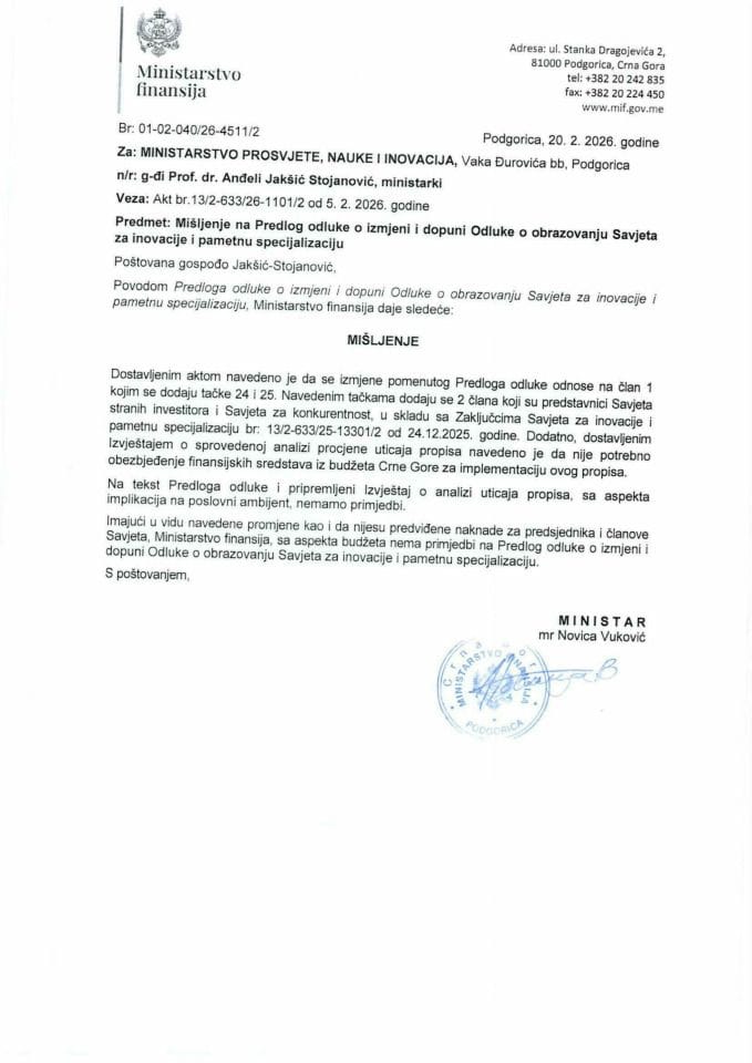 Mišljenje na Predlog odluke o izmjeni i dopuni Odluke o obrazovanju Savjeta za inovacije i pametnu specijalizaciju