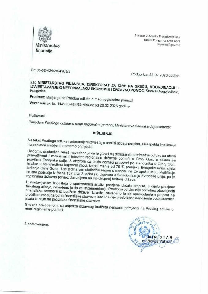 Mišljenje na Predlog odluke o mapi regionalne pomoći