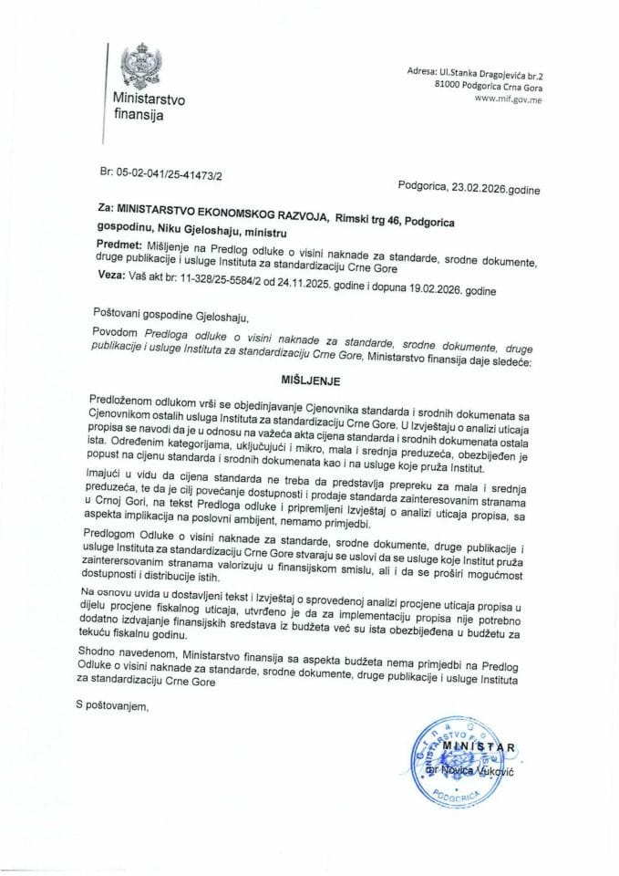 Mišljenje na Predlog odluke o visini naknade za standarde, srodne dokumente, druge publikacije i usluge Instituta za standardizaciju Crne Gore