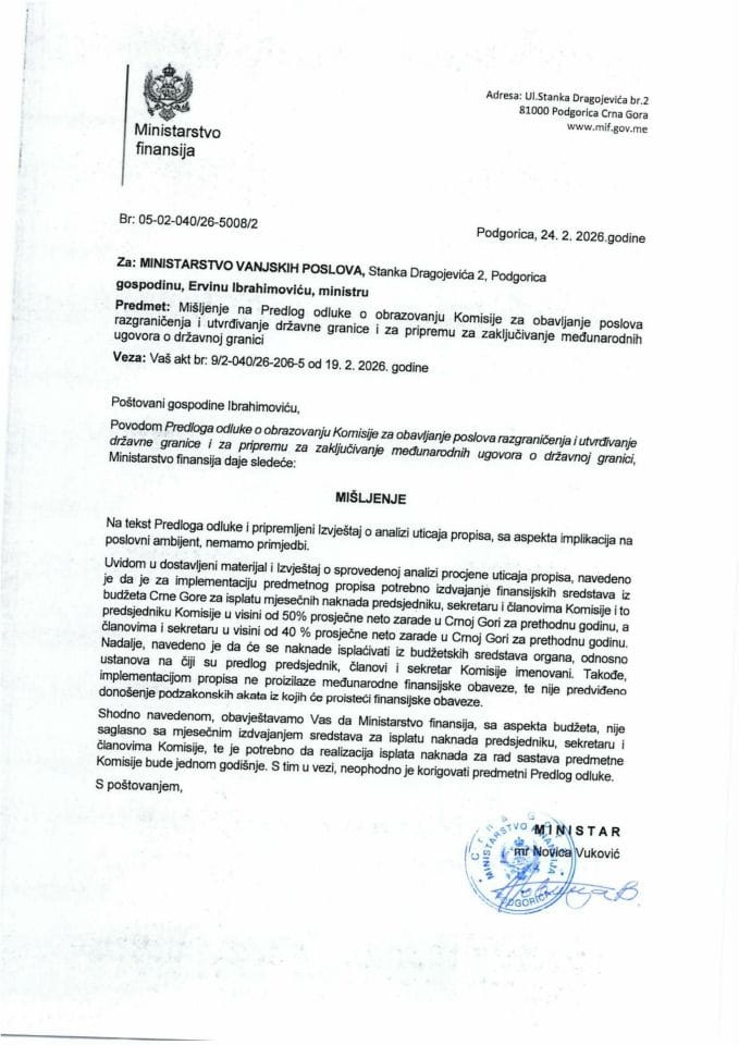 Mišljenje na Predlog odluke o obrazovanju Komisije za obavljanje poslova razgraničenja i utvrđivanje državne granice i za pripremu za zaključivanje međunarodnih ugovora o državnoj granici
