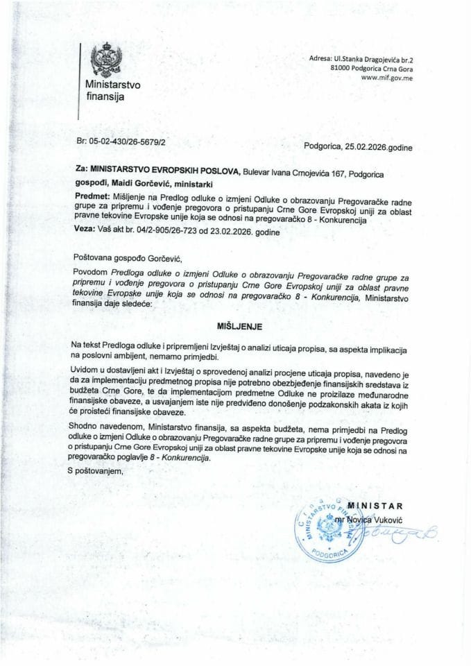 Mišljenje na Predlog odluke o izmjeni Odluke o obrazovanju Pregovaračke radne grupe za pripremu i vođenje pregovora o pristupanju CG EU - pregovaračko poglavlje 8 - Konkurencija
