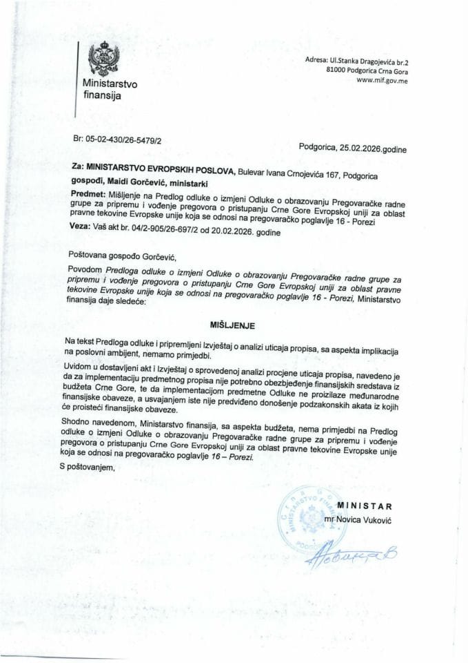 Mišljenje na Predlog odluke o izmjeni Odluke o obrazovanju Pregovaračke radne grupe za pripremu i vođenje pregovora o pristupanju CG EU - pregovaračko poglavlje 16 - Porezi