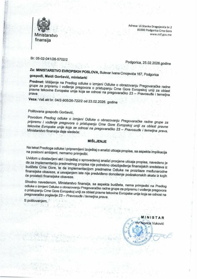 Mišljenje na Predlog odluke o izmjeni Odluke o obrazovanju Pregovaračke radne grupe za pripremu i vođenje pregovora o pristupanju CG EU - pregovaračko poglavlje 23 - Pravosuđe i temeljna prava