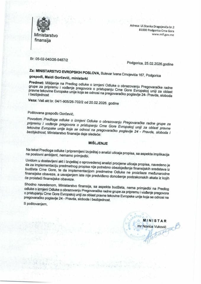 Mišljenje na Predlog odluke o izmjeni Odluke o obrazovanju Pregovaračke radne grupe za pripremu i vođenje pregovora o pristupanju CG EU - pregovaračko poglavlje 24 - Pravda, sloboda i bezbjednost