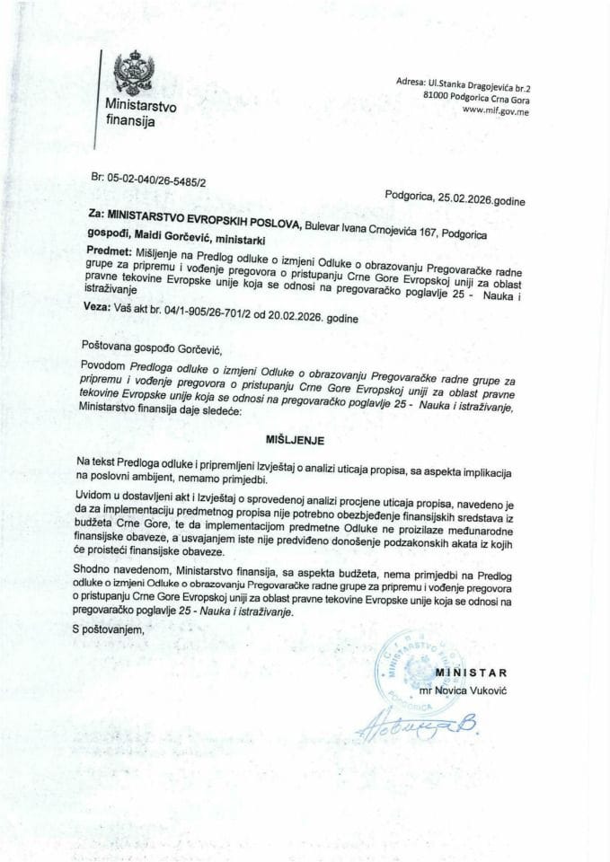 Mišljenje na Predlog odluke o izmjeni Odluke o obrazovanju Pregovaračke radne grupe za pripremu i vođenje pregovora o pristupanju CG EU - pregovaračko poglavlje 25 - Nauka i istraživanje