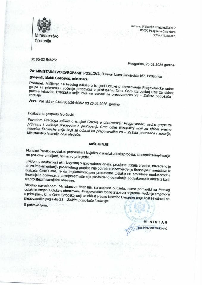 Mišljenje na Predlog odluke o izmjeni Odluke o obrazovanju Pregovaračke radne grupe za pripremu i vođenje pregovora o pristupanju CG EU - pregovaračko poglavlje 28 - Zaštita potrošača i zdravlja