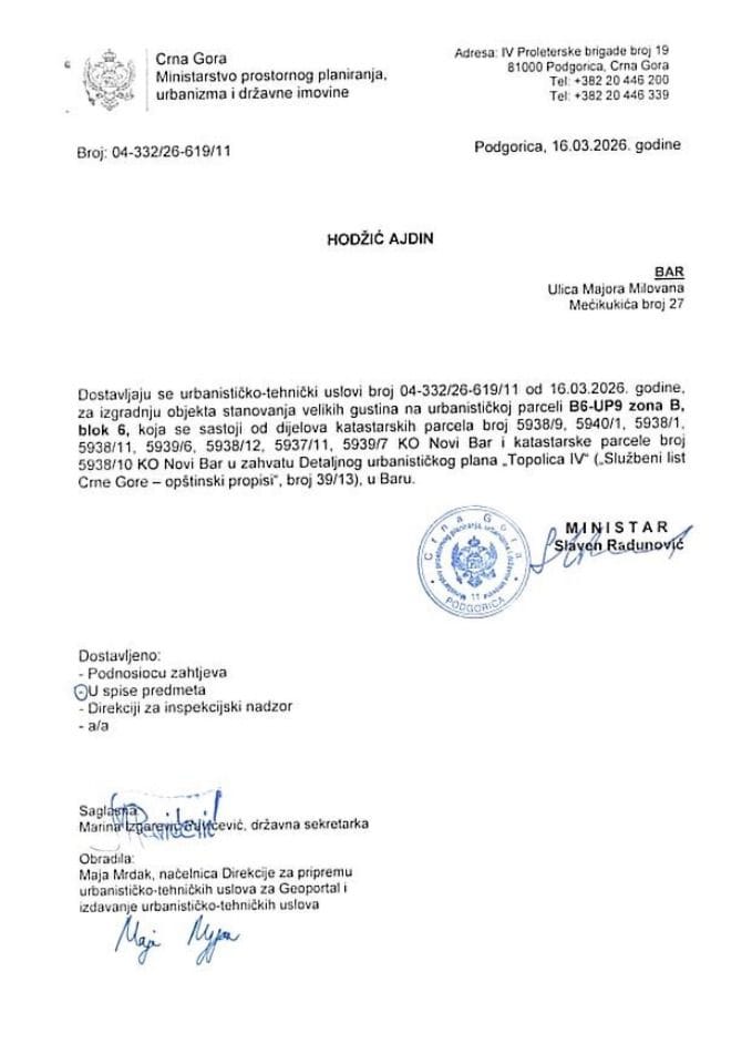 Izdati urbanističko-tehnički uslovi - 04-332-26-619-11 HODŽIĆ AJDIN BAR