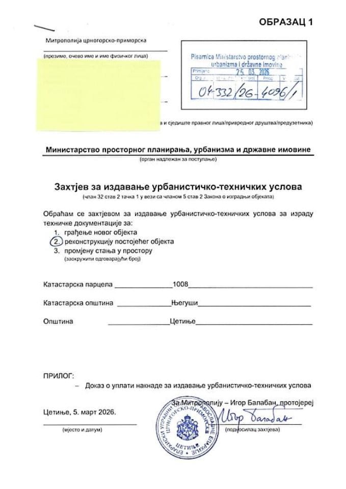 Zahtjevi za izdavanje urbanističko tehničkih uslova - 04-332-26-4096-1 MITROPOLIJA CRNOGORSKO - PRIMORSKA CETINJE