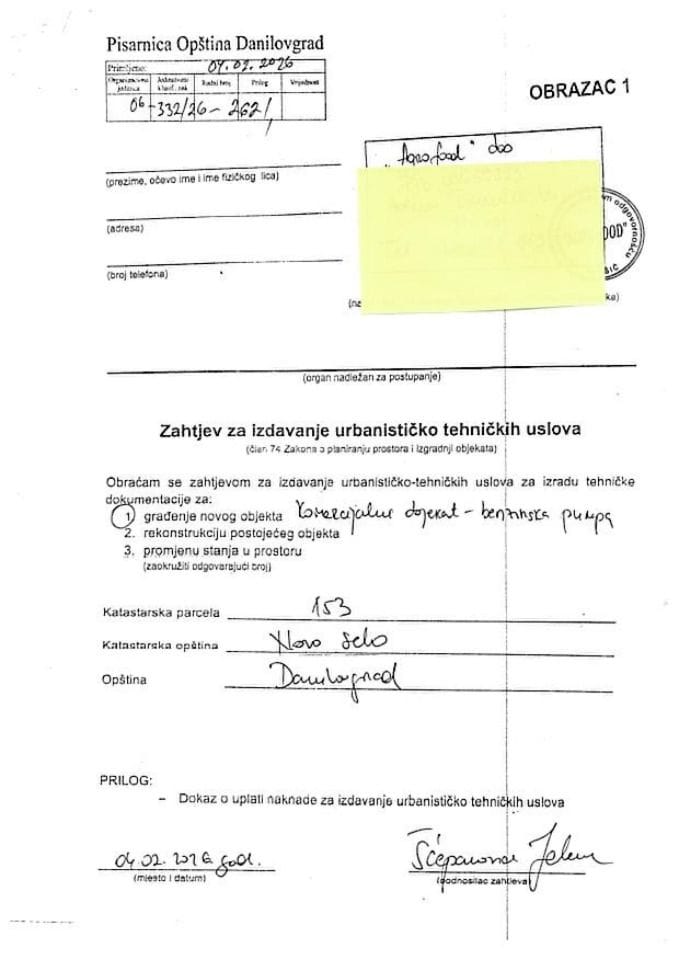 Zahtjevi za izdavanje urbanističko tehničkih uslova - 04-332-26-4108-1 AGRO FOOD D.O.O. NIKŠIĆ