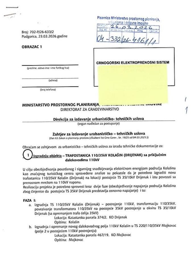 Zahtjevi za izdavanje urbanističko tehničkih uslova - 04-332-26-4161-1 CRNOGORSKI ELEKTROPRENOSNI SISTEM PODGORICA