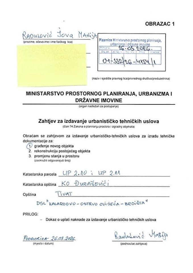Zahtjevi za izdavanje urbanističko tehničkih uslova - 04-332-26-4154-1 RADULOVIĆ MARIJA