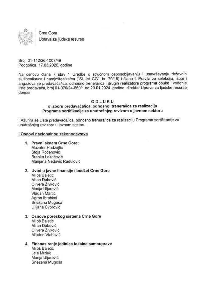 Odluka o izboru predavača-ica, odnosno, trenera-ica za realizaciju-27.03.2026