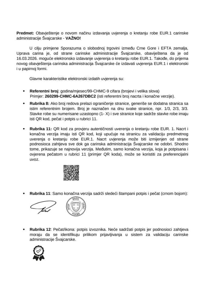 Obavještenje o novom načinu izdavanja uvjerenja EUR.1 car.adm.Švajcarske