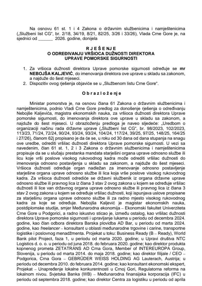 Predlog za određivanje vršioca dužnosti direktora Uprave pomorske sigurnosti